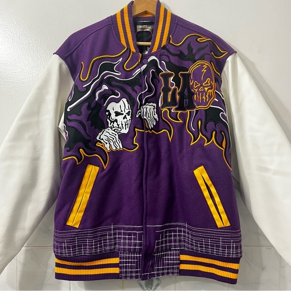 Brand X Los Angeles Reaper Banners Varsity Jacket Purple Streetwear Goth Wool M - Picture 2 of 15